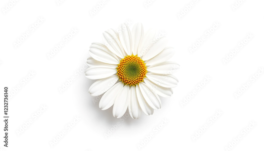 Obraz premium top view of the chamomile head bud isolated on a white background. concept - decoration, gift, floristry, postcard, health, herbal. Space for text, copyspace