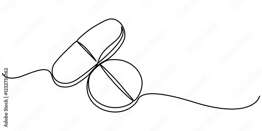 Obraz premium medicine tablet continuous one line drawing, Medicine Pills Single Line Icon, One Continuous Line Drawing of Medicine Pill Icon. Single Line Vector Illustration, Premium vector, Single line outline.
