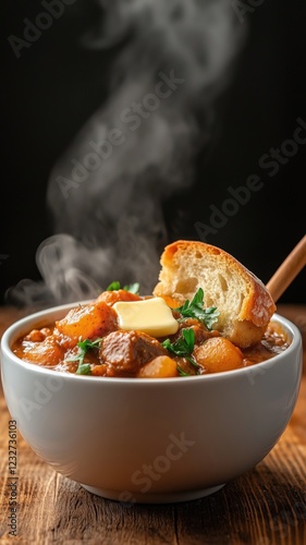 Hearty bowl of steaming beef stew with soda bread and butter