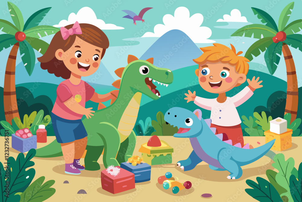 Children playing with toy dinosaurs in the park
