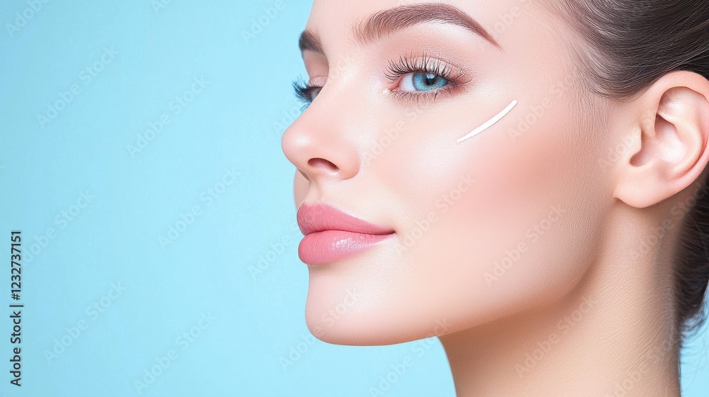 Close up profile of a young woman with light pink lips and blue eyes, her face partially covered in a white powdery substance against a light blue background. Close up profile of a young woman with light pink lips and blue eyes, her face partially covered in a white powdery substance against a light blue background.