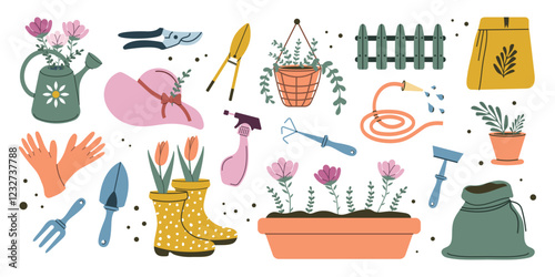 A hand-drawn gardening kit. Growing flowers. Flowers, working tools for the garden. Vector illustration