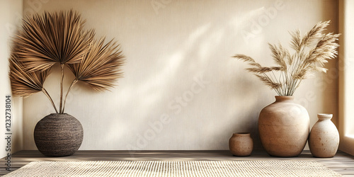 Minimalist arrangement with large dried palm leaves and pampas grass in textured ceramic vases, set on neutral background with natural light. Copy space photo