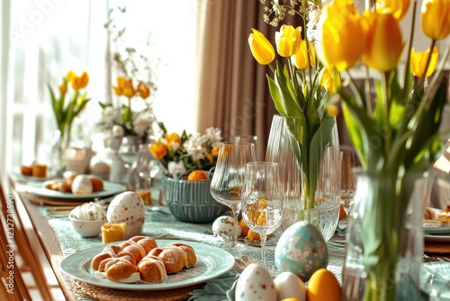 Wallpaper Mural A table is set with a variety of food and drinks, including a plate of donuts and a bowl of fruit. The table is surrounded by vases of flowers and a vase of eggs Torontodigital.ca