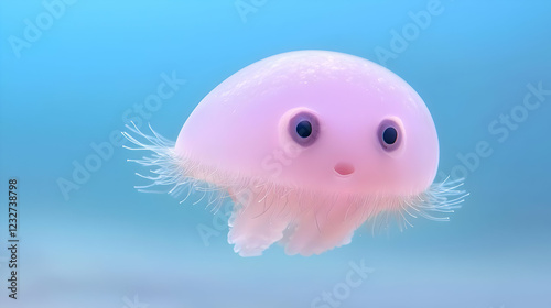 Cute pink jellyfish swimming underwater, blue background photo