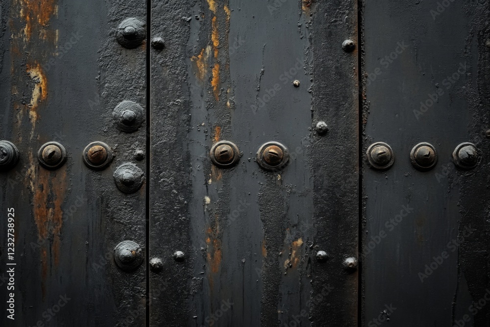 Close-up of an antique wooden door with metal studs Close-up of an antique wooden door with metal studs