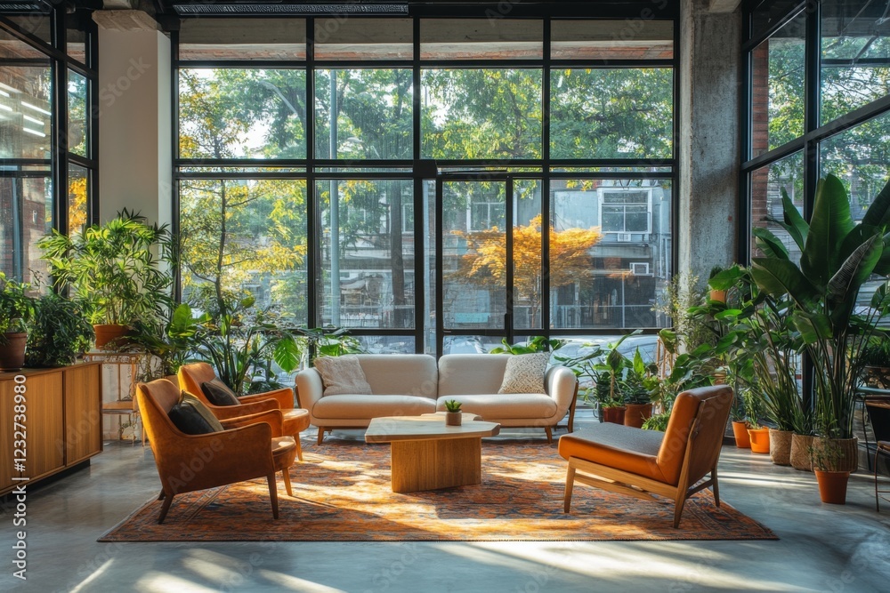 Large industrial-style room with sunlight and lush greenery Large industrial-style room with sunlight and lush greenery