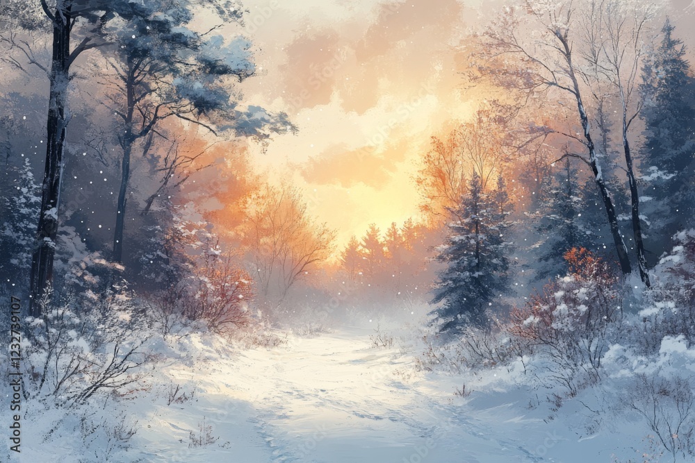 Winter forest scene with snowy trees and glowing sunlight Winter forest scene with snowy trees and glowing sunlight