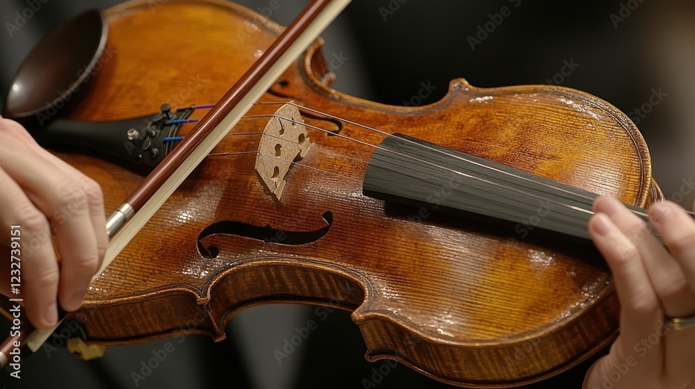 Fototapeta premium Concert violinist playing violin close-up, blurred audience