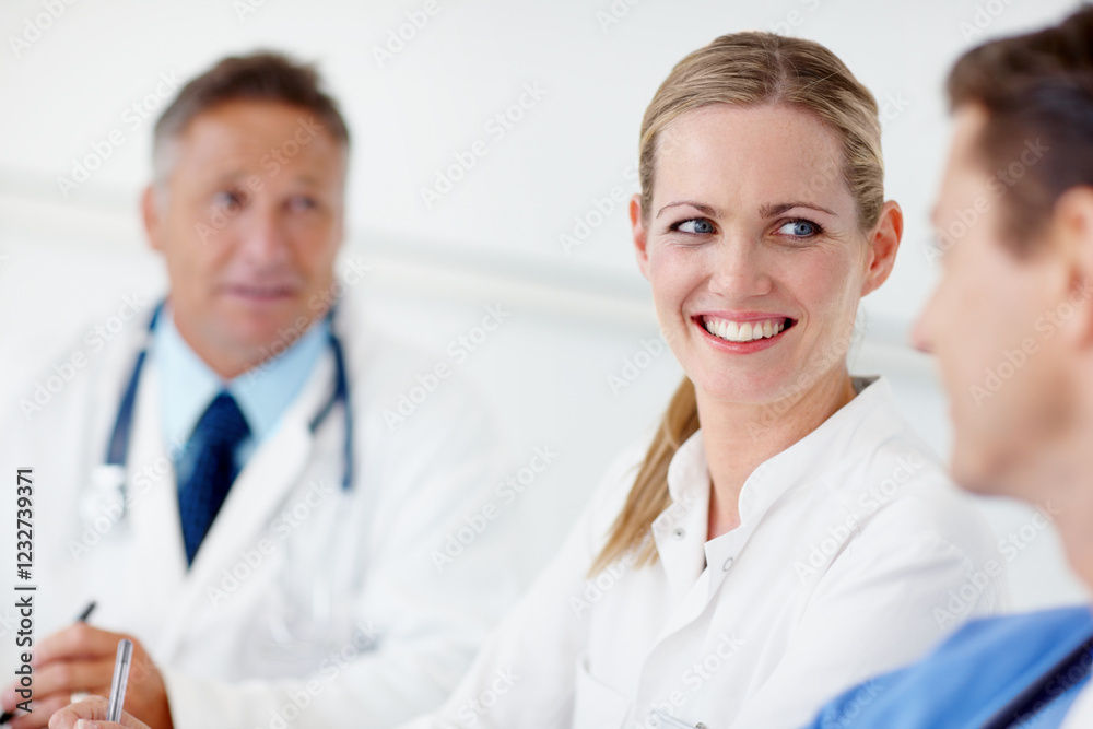 Doctors, smile and meeting with woman in hospital for patient treatment plan, consulting and healthcare. Diagnostic advice, medical board and nurse with team in clinic for test results and review Doctors, smile and meeting with woman in hospital for patient treatment plan, consulting and healthcare. Diagnostic advice, medical board and nurse with team in clinic for test results and review