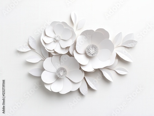 white paper flowers with leaves on a white background
