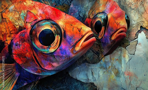 A lively abstract featuring colorful fish designs, evoking the dynamic essence of underwater existence. Ideal as an abstract background wallpaper photo