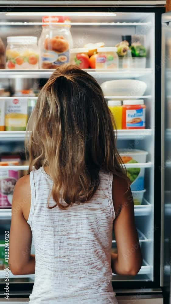 Child explores contents of refrigerator in home kitchen during daytime, searching for tasty snack options Child explores contents of refrigerator in home kitchen during daytime, searching for tasty snack options