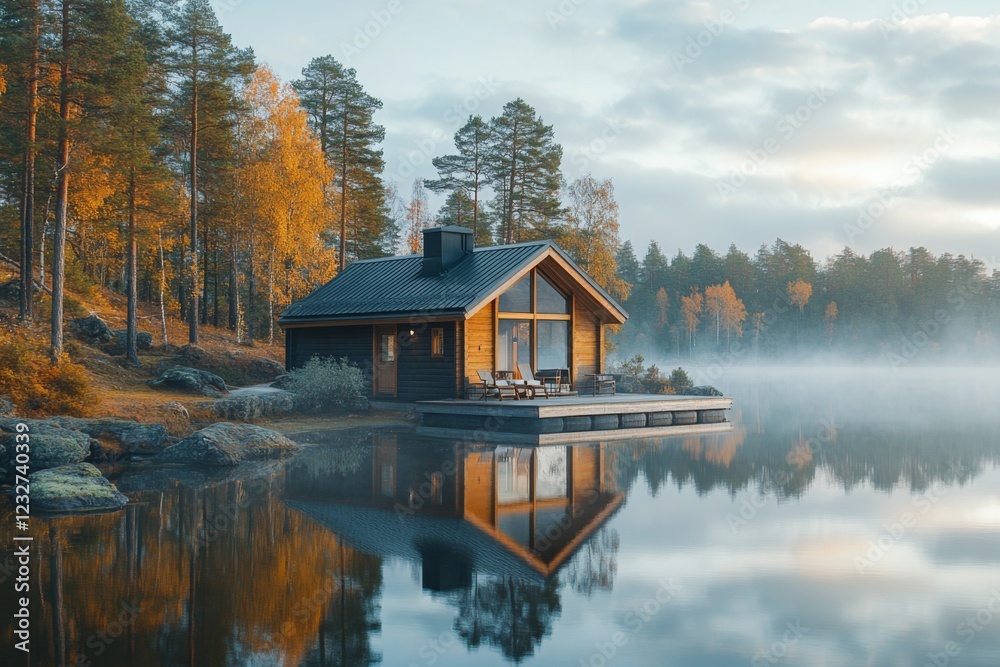 Obraz premium Wooden cabin on a lake surrounded by autumn trees