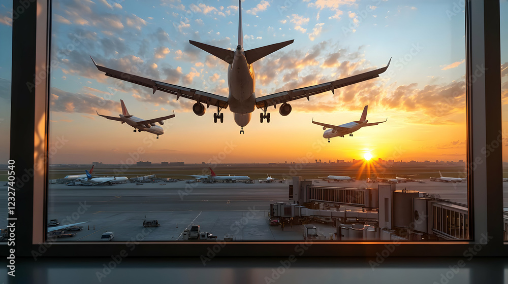 Sunset airport arrival, three planes landing, view from window