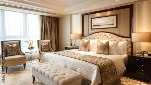 Elegant hotel bedroom with luxurious furnishings and soothing decor