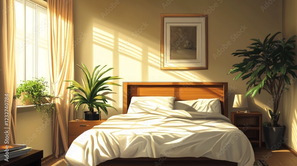 Fototapeta premium Cozy Bedroom with Natural Light and Indoor Plants in Soft Colors