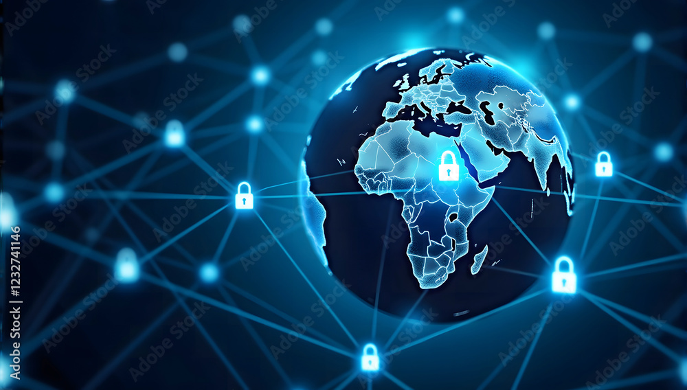 Fototapeta premium cybersecurity concept with digital world map and lock icons representing global network security and data protection