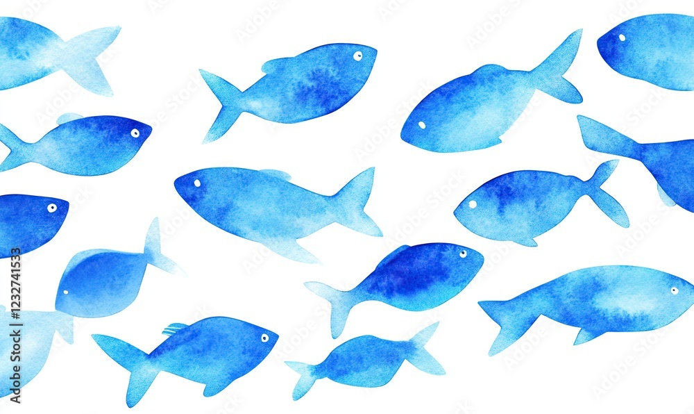 Fototapeta premium Watercolor depiction of fish group silhouettes against a white backdrop