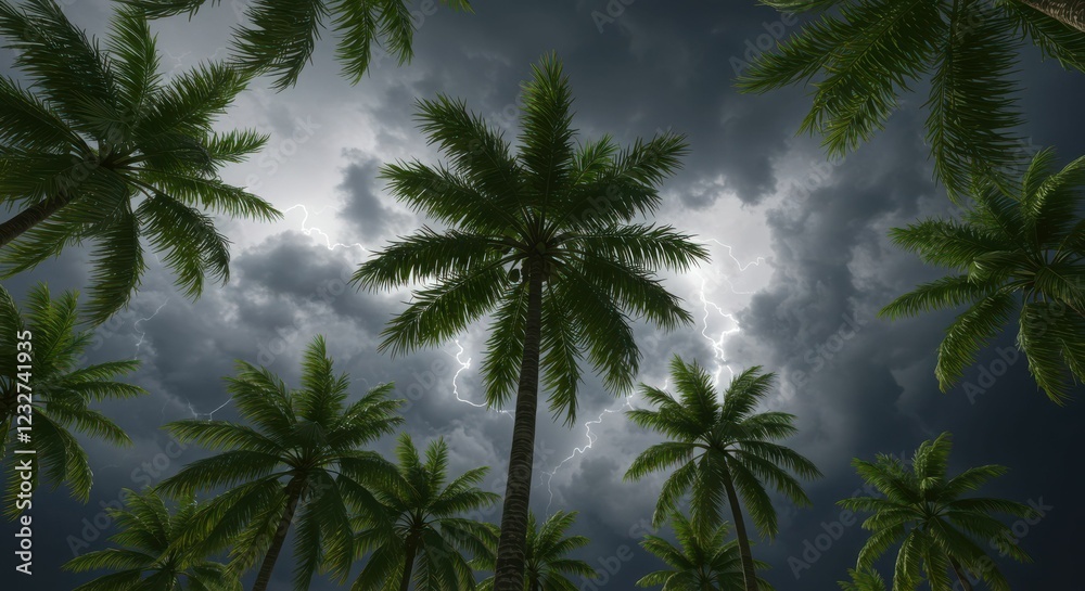 Obraz premium Dramatic stormy sky with tropical palm trees and lightning