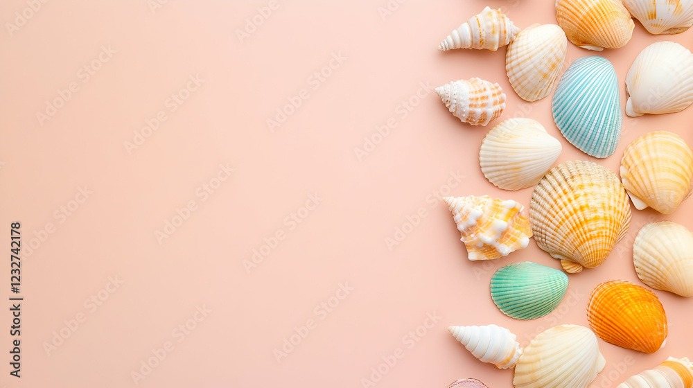 Delicate seashells of various shapes and colors are artfully placed against a pastel backdrop Delicate seashells of various shapes and colors are artfully placed against a pastel backdrop
