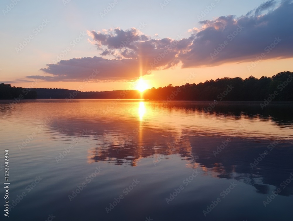serene sunset over a calm lake with colorful sky reflections serene sunset over a calm lake with colorful sky reflections