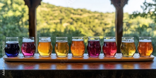 Vibrant Craft Beer Flight on Rustic Outdoor Table with Scenic Mountain View | Assorted Colorful Tasting Glasses for Brewery Enthusiasts and Nature Lovers photo