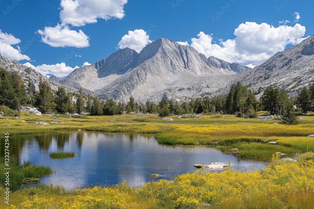 Scenic view of high mountain meadows with majestic mountains and tranquil waters, captured from a low angle . scenics - nature Scenic view of high mountain meadows with majestic mountains and tranquil waters, captured from a low angle . scenics - nature