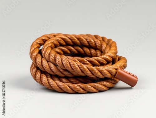 coil of brown rope with leather end on a white background photo