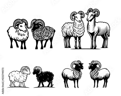 Set of Ram Illustrations in Black and White