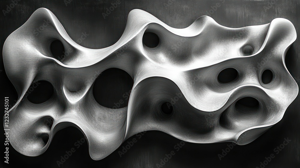 Abstract silver sculpture, dark background, art gallery display Abstract silver sculpture, dark background, art gallery display
