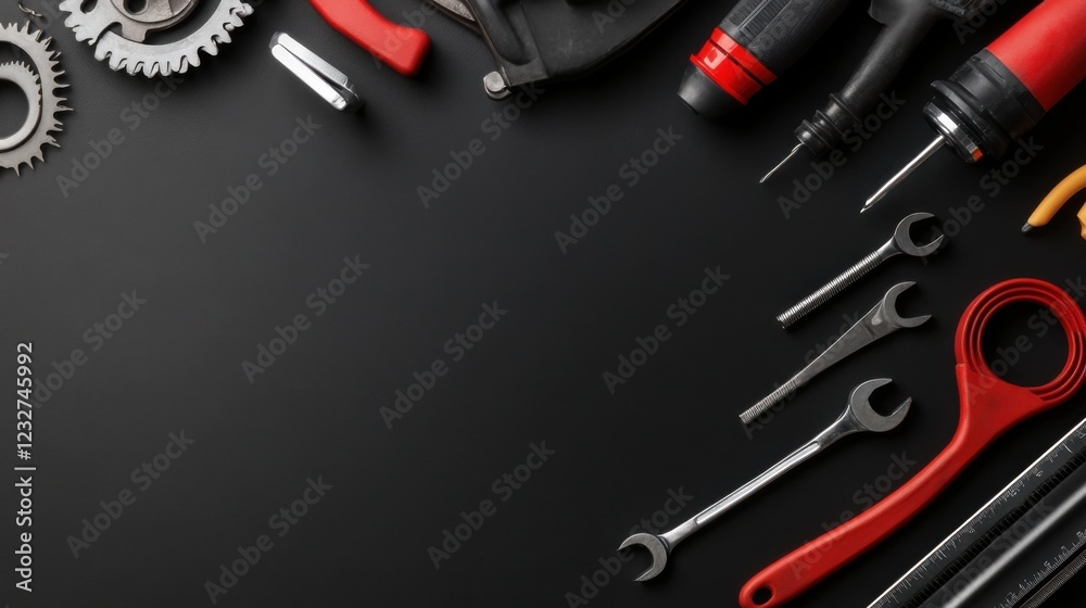 Fototapeta premium Comprehensive Toolset Display Featuring Various Hand Tools, Gears, and Accessories on a Dark Surface for DIY and Repair Projects