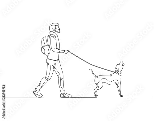Continuous line drawing of man walking with dog on leash. Single line illustration of man with dog. National pet day concept. Editable outline