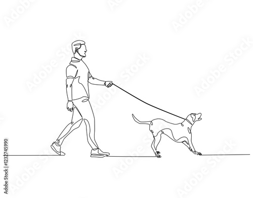 Continuous line drawing of man walking with dog on leash. Single line illustration of man with dog. National pet day concept. Editable outline