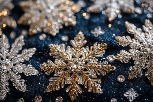 Close-up of snowflake ornaments with sparkling details photo