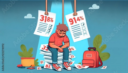Sad student sitting on a pile of exam papers with bad grades and high percentages hanging