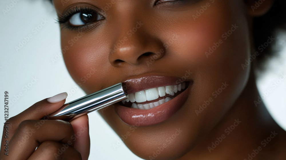 Woman applying lipstick with a confident smile in a subtle, elegant setting during the afternoon Woman applying lipstick with a confident smile in a subtle, elegant setting during the afternoon