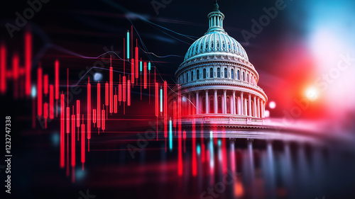 US Capitol building with stock market charts symbolizes economic trends and governance. vibrant colors and dynamic lines evoke sense of urgency and financial activity