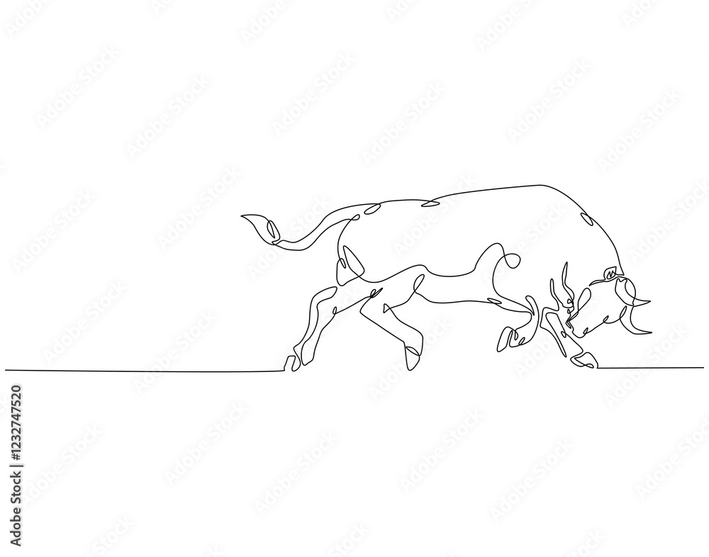 Fototapeta premium Continuous line drawing of bull cow. Single line illustration of aggressive black bull. World bull day concept. Editable outline