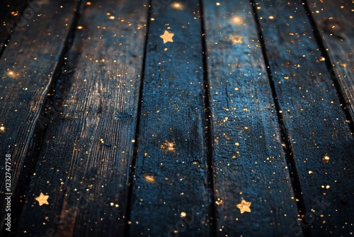 Wooden floorboards with scattered glowing golden specks photo