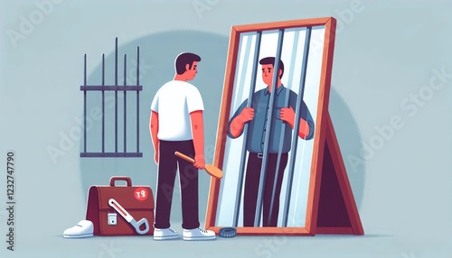 Technician looking at mirror reflecting societal standards as prison bars