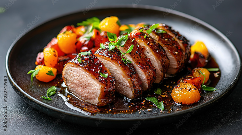 Roast duck with crispy skin and orange glaze, served with vegetables, soft natural lighting, clean minimalist background
Roast duck with crispy skin and orange glaze, served with vegetables, soft natural lighting, clean minimalist background