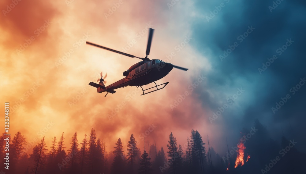 A helicopter hovers above a forest, battling a wildfire as smoke and flames rise against a dramatic sunset backdrop. A helicopter hovers above a forest, battling a wildfire as smoke and flames rise against a dramatic sunset backdrop.