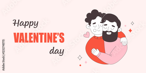 Valentines Day greeting card with cute happy gay couple. Love is Love. LGBT, Pride community. Vector illustration in flat style