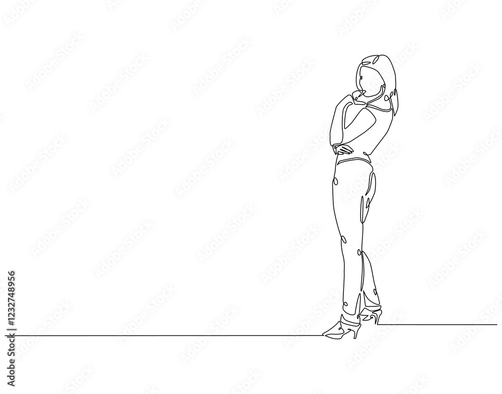 Continuous line drawing of woman pose standing. Single line illustration of lady standing. Beautiful, Female, International women's day concept. Editable outline Continuous line drawing of woman pose standing. Single line illustration of lady standing. Beautiful, Female, International women's day concept. Editable outline