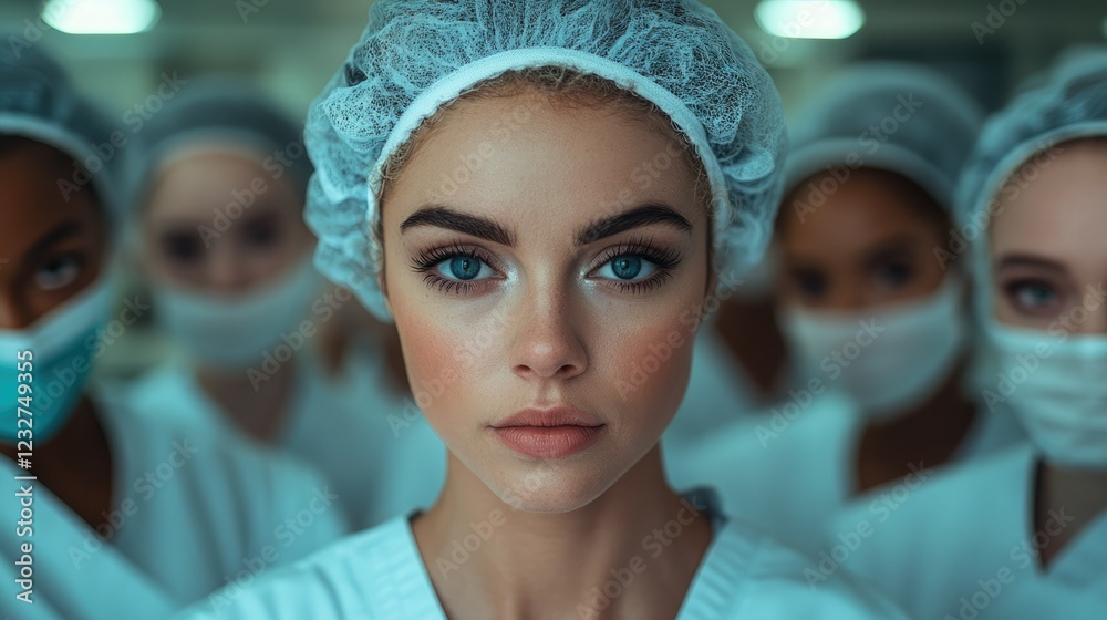 Healthcare professionals in surgical attire focus on serious task in a medical facility during day shift Healthcare professionals in surgical attire focus on serious task in a medical facility during day shift