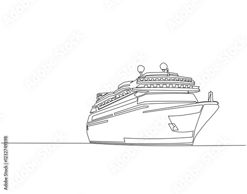 Continuous line drawing of sailing cruise ship. Single line illustration of cruise ship. International maritime day, World oceans day concept. Editable outline