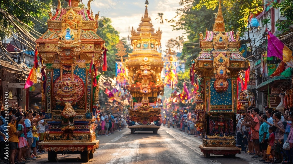 Fototapeta premium traditional Songkran parade in Thailand beautifully decorated floats and performers in colorful Thai costumes street lined with cheering spectators in the afternoon sun Stock Photo with side copy