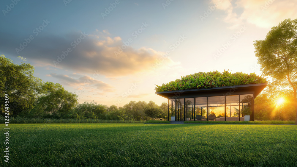 modern greenhouse with glass walls and green roof, surrounded by lush greenery and sunset backdrop, creating serene and tranquil atmosphere modern greenhouse with glass walls and green roof, surrounded by lush greenery and sunset backdrop, creating serene and tranquil atmosphere