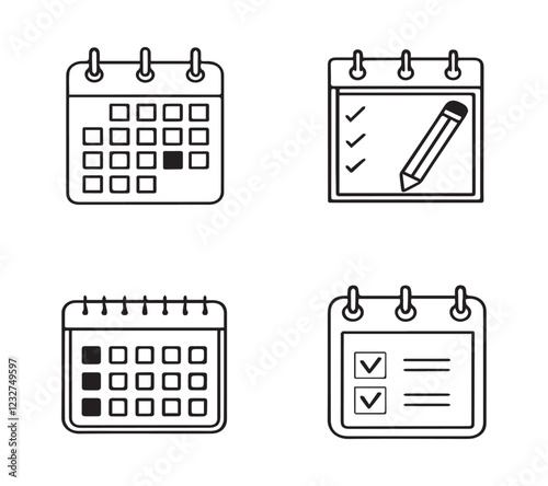 Calendar, agenda, plan editable stroke outline icons set isolated on white background flat vector illustration with white background